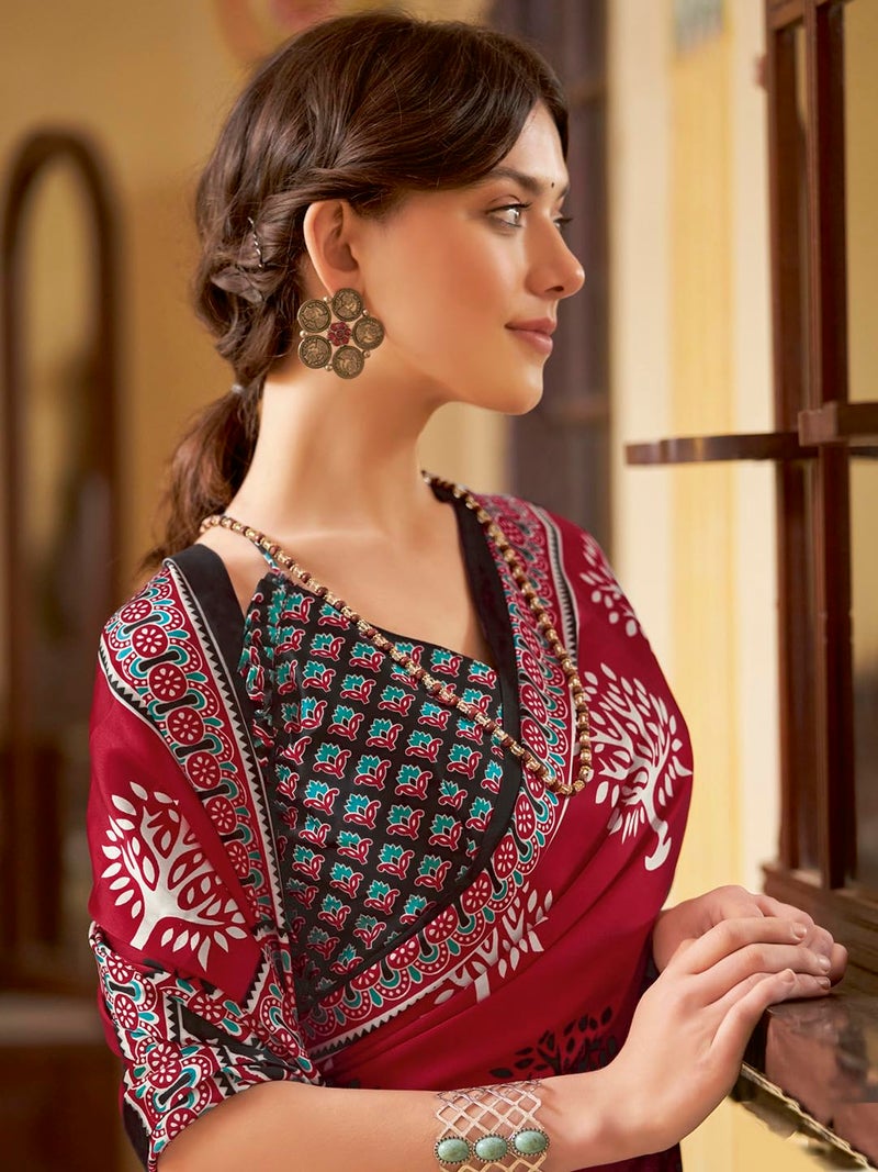 SAREE MALL Women's Ajrak Crepe Satin Printed Saree With Unstitched Blouse Piece(Red_MOHAR201A_HS) - Image 3