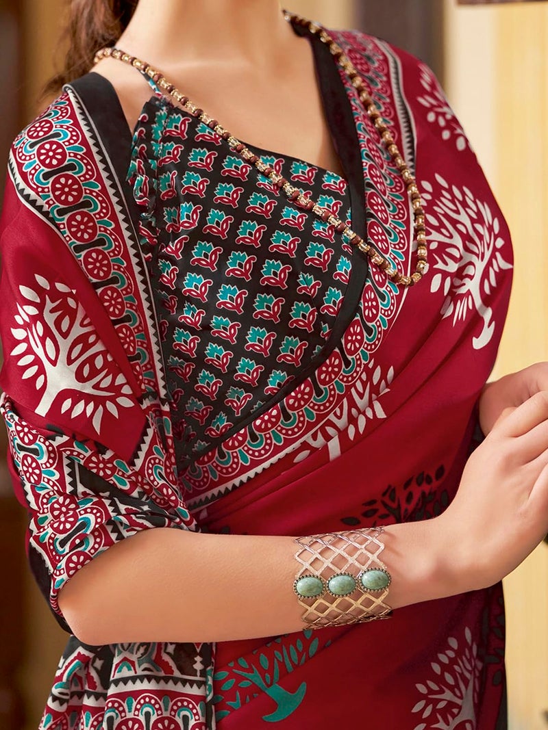 SAREE MALL Women's Ajrak Crepe Satin Printed Saree With Unstitched Blouse Piece(Red_MOHAR201A_HS) - Image 5