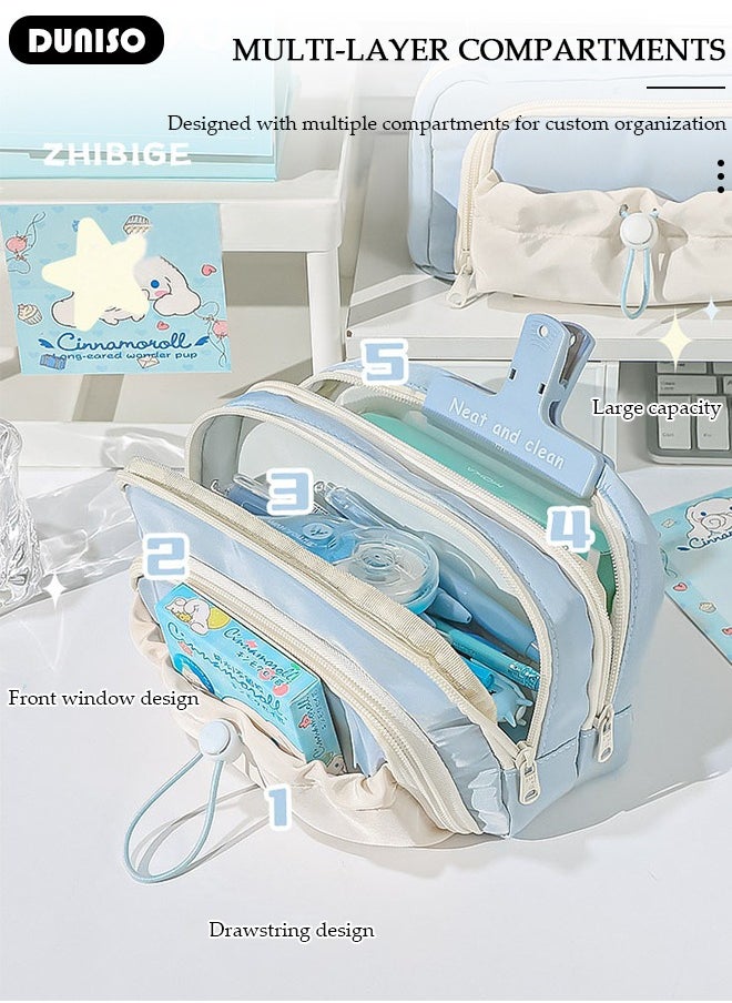 DUNISO Large Capacity Pencil Case, 5 Compartment Pouch Pen Bag with Zip,  Stationery Storage Organizer with Pen Slots, Marker Pouch Pen with Drawstring for Middle School Office College Girl and Boy  - Image 2