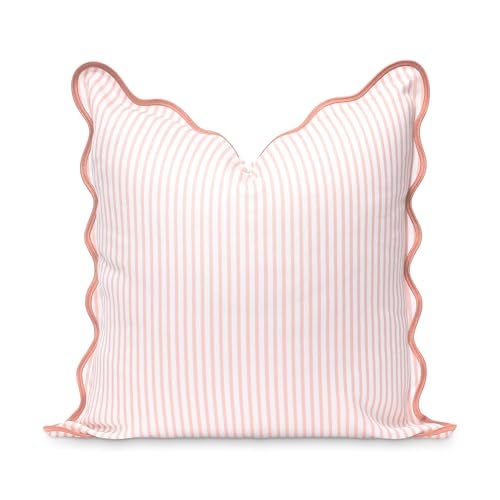 Hofdeco Premium Coastal Patio Indoor Outdoor Scalloped Throw Pillow Cover Only 20x20 Water Repellent for Backyard Couch Blush Pink Print Stripes - Image 1