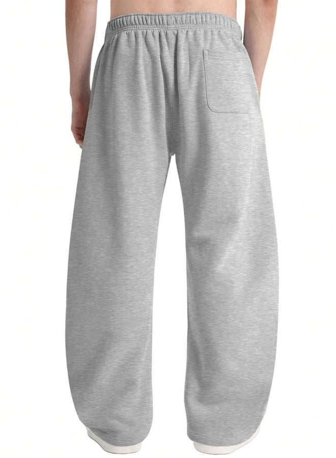 HeSaYep Men's Fleece Baggy Sweatpants Wide Leg Barrel Sweat Pants Lounge Athletic Gym Pants with Pockets, Grey, M - Image 2