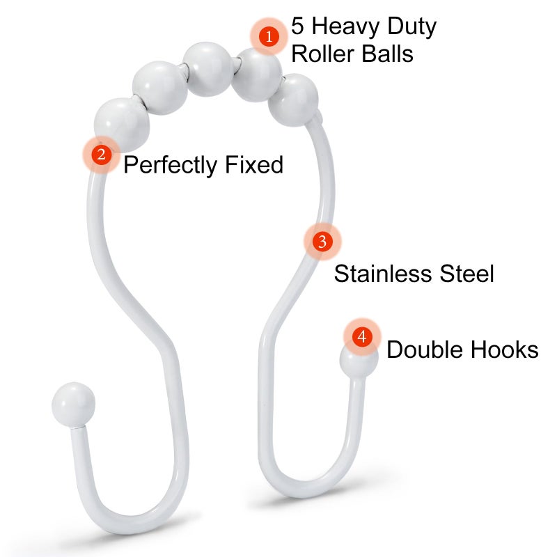 Goowin Shower Curtain Hooks, 12 Pcs Shower Curtain Rings, Stainless Steel Shower Curtain Hooks Rings Rust Proof, Smooth Sliding Anti-Drop Double Shower Hooks for Shower Curtain, Rods (White) - Image 4