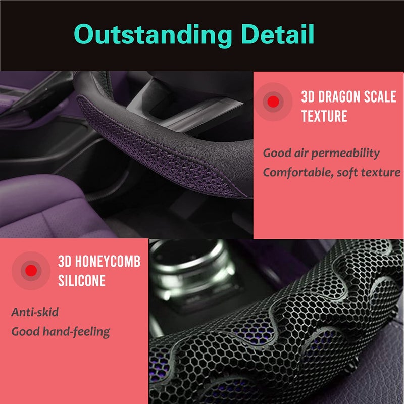 PINCTROT D Shaped 14.5-15 Inch Steering Wheel Cover Great Grip with 3D Honeycomb Anti-Slip Design, Flat Bottom 14.5-15 Inch (Purple) - Image 3