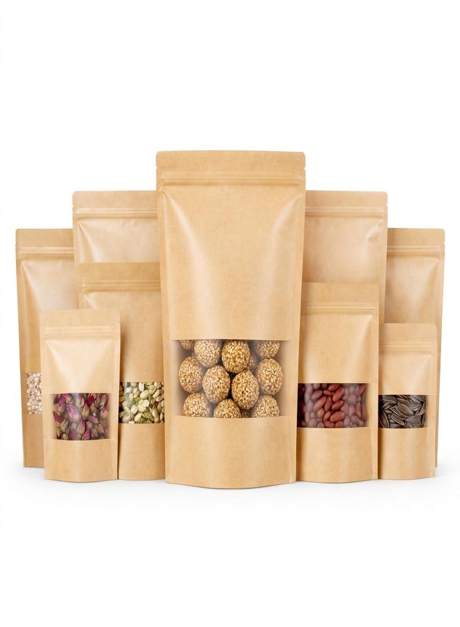 SKY FLEXI PACK Brown Kraft Paper Zip lock Stand Up Pouches | 10x15 cm | 50gm | Pack of 15 | Food Grade Storage Bags with Transparent Window | Airtight Reusable for Dry Fruits, Snacks, Spices - Image 1