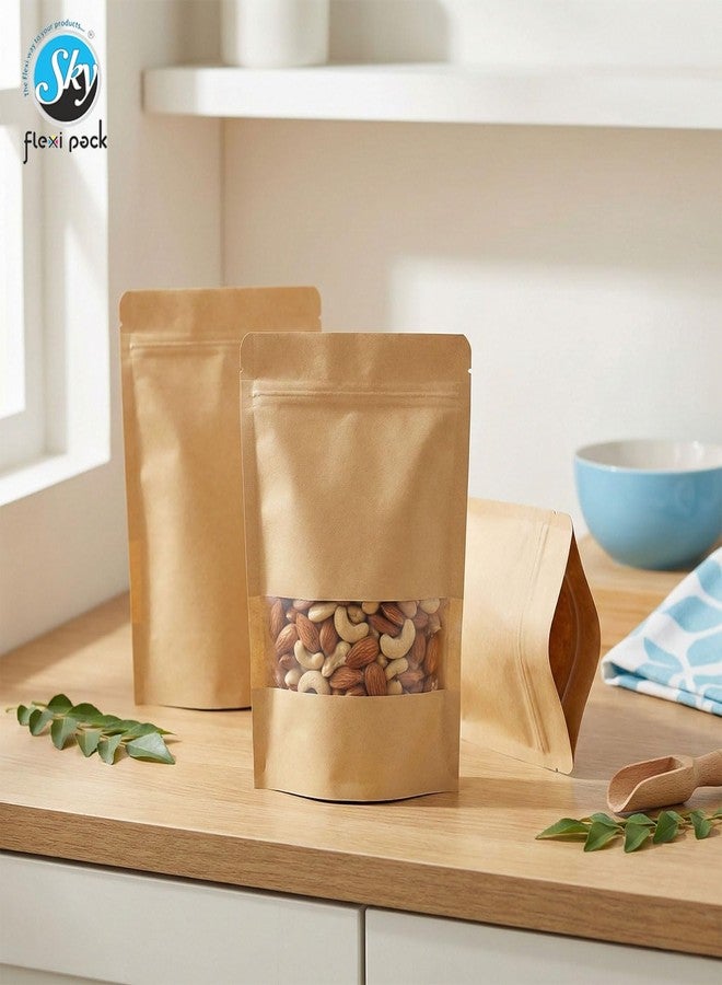 SKY FLEXI PACK Brown Kraft Paper Zip lock Stand Up Pouches | 10x15 cm | 50gm | Pack of 15 | Food Grade Storage Bags with Transparent Window | Airtight Reusable for Dry Fruits, Snacks, Spices - Image 2