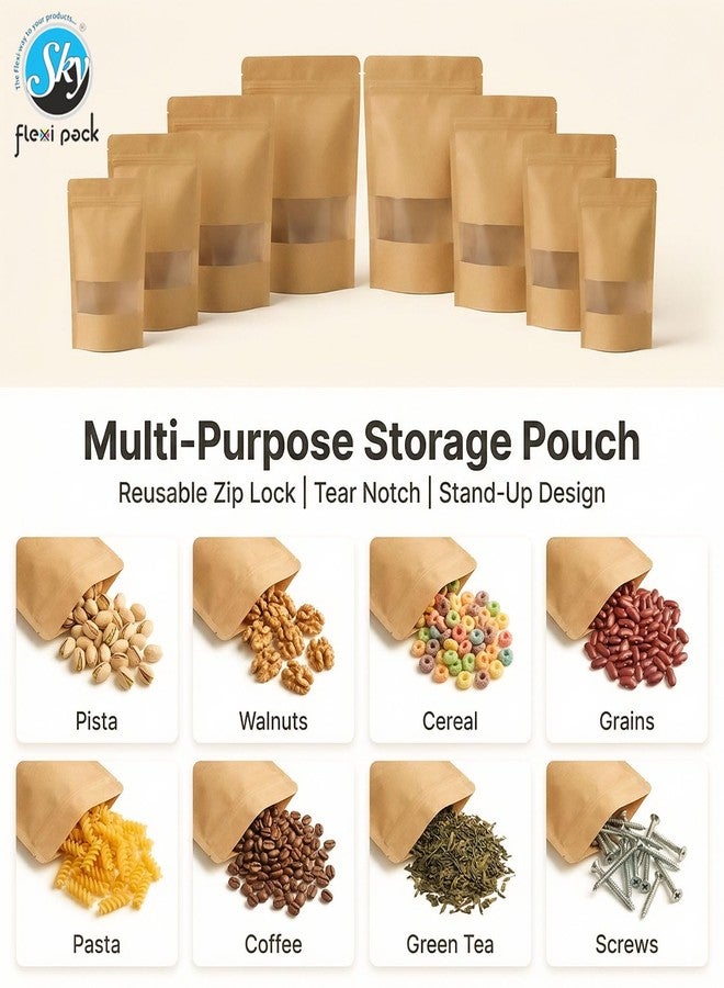 SKY FLEXI PACK Brown Kraft Paper Zip lock Stand Up Pouches | 10x15 cm | 50gm | Pack of 15 | Food Grade Storage Bags with Transparent Window | Airtight Reusable for Dry Fruits, Snacks, Spices - Image 5