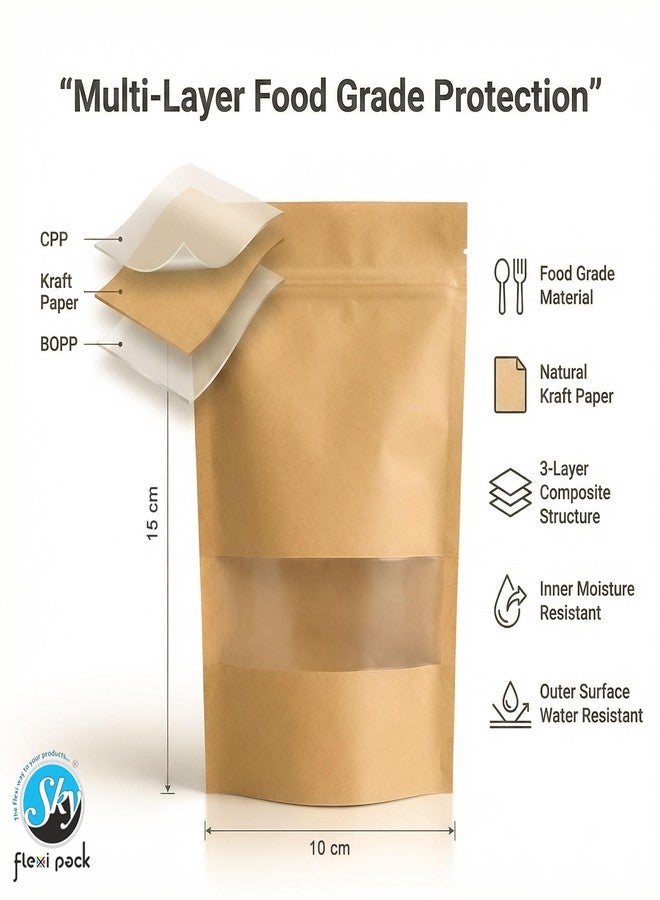 SKY FLEXI PACK Brown Kraft Paper Zip lock Stand Up Pouches | 10x15 cm | 50gm | Pack of 15 | Food Grade Storage Bags with Transparent Window | Airtight Reusable for Dry Fruits, Snacks, Spices - Image 3