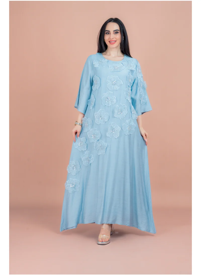 اكسا جلابية مطرزة زهور IK6009 ازرق