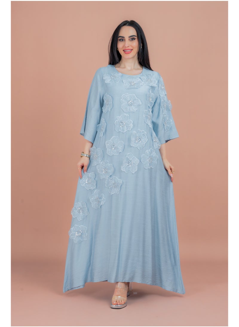 IKKXA Floral Embroidered Jalabiya IK6009 Blue  - Image 1