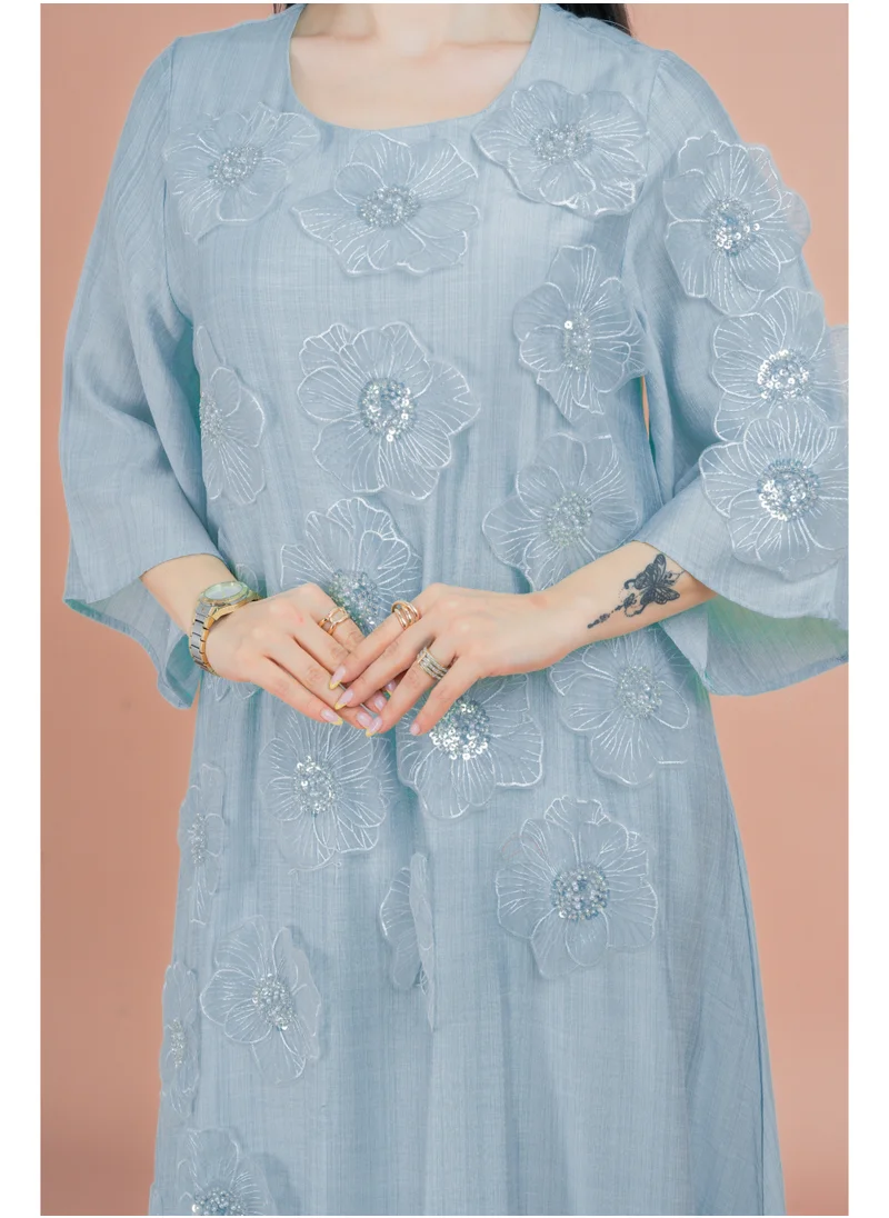 IKKXA Floral Embroidered Jalabiya IK6009 Blue