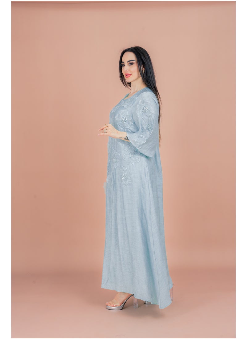 IKKXA Floral Embroidered Jalabiya IK6009 Blue  - Image 3