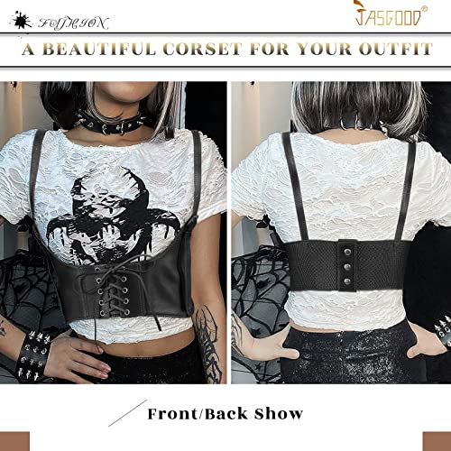 JASGOOD Women Faux Leather Corset Waist Belt Elastic Wide Underbust Corset Lace-up Steampunk Waspie Belt For Halloween - Image 3