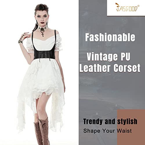 JASGOOD Women Faux Leather Corset Waist Belt Elastic Wide Underbust Corset Lace-up Steampunk Waspie Belt For Halloween - Image 2