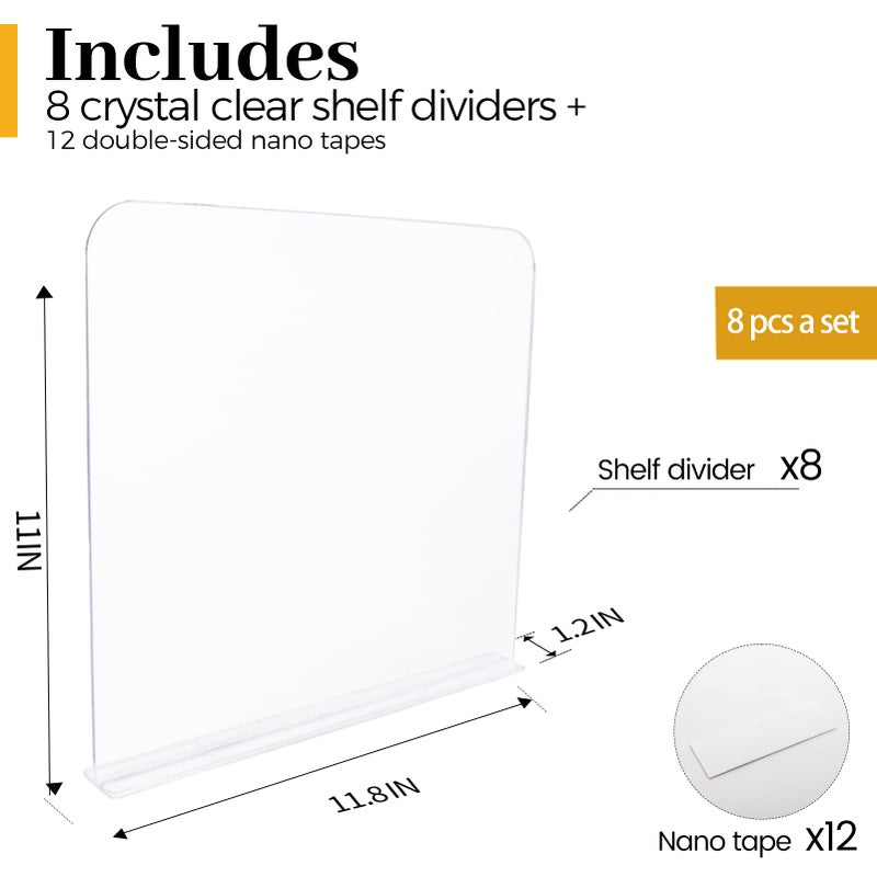 ROUFA Clear Acrylic Shelf Dividers, 8Pcs Closet Dividers Fit for Any Thickness of Shelves, Multi-Purpose Wood Shelf Separators for Bedroom, Kitchen, Office, Bathroom, 11.8''x11'' - Image 2