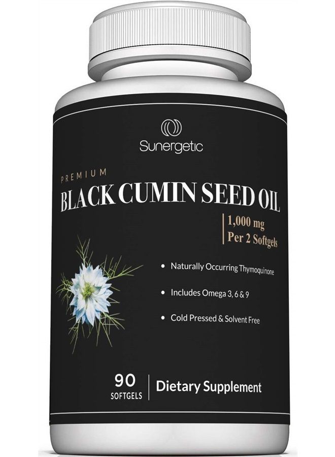 Sunergetic Premium Black Cumin Seed Oil Softgels – 1,000mg of Black Seed Oil Per Serving – Non GMO Cold Pressed Nigella Sativa – Includes Thymoquinone & Omega's - 90 Softgels - Image 1