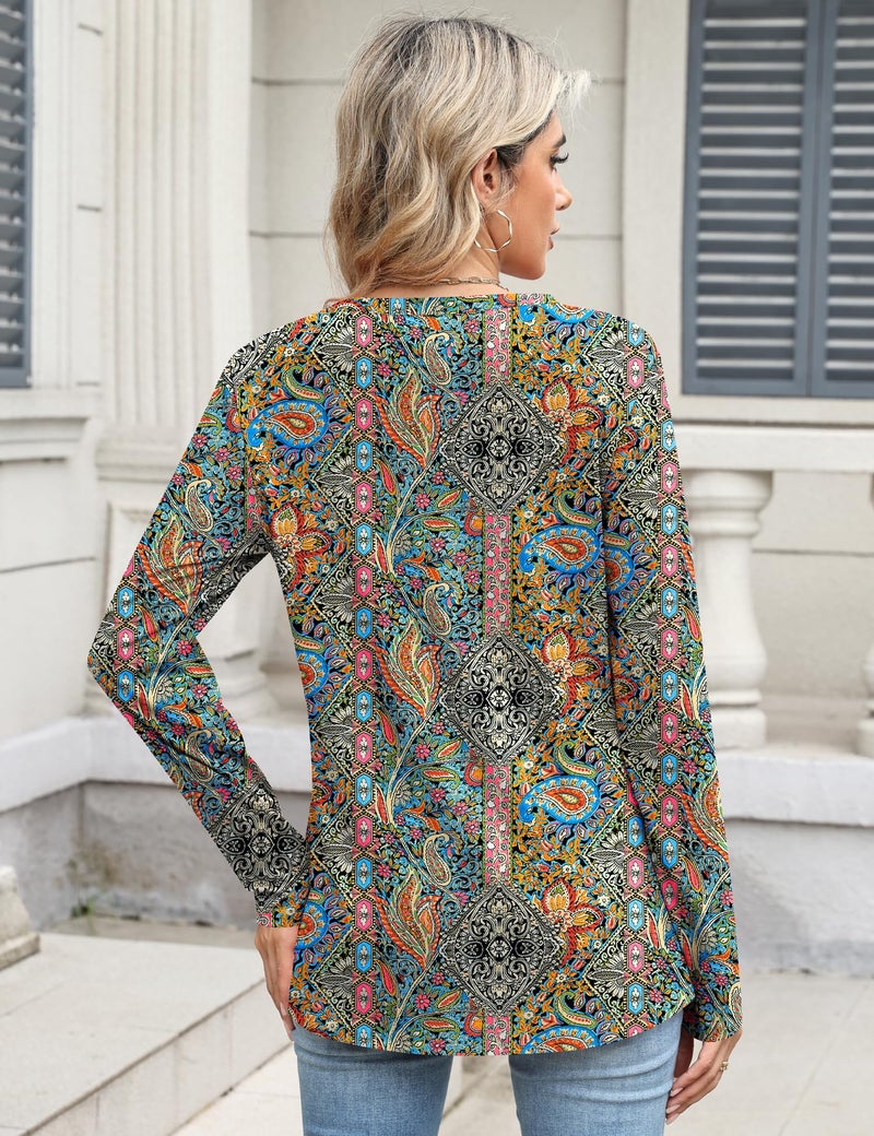 TCOT Womens Tops Long Sleeve Crewneck Regular Fit Dressy Casual Blouses Shirts for Women Paisley Pattern Clothes XL - Image 3