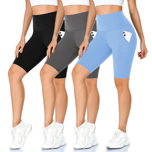 MOREFEEL 3 Pack Biker Shorts with Pockets for Women - 8'' High Waisted Yoga Pants Gym Workout Running Shorts - Image 1