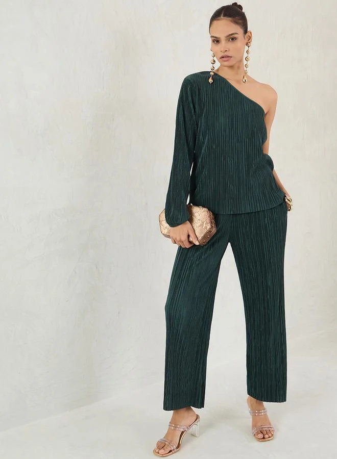 Femmella Green Pleated Wide-Leg Trousers