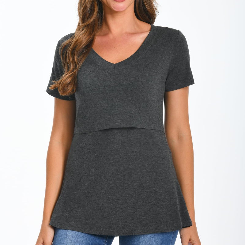 Bearsland Womens 3 Packs V Neck Nursing Tops Maternity Breastfeeding Tee Shirts,Black+Gray+Blue,L - Image 3