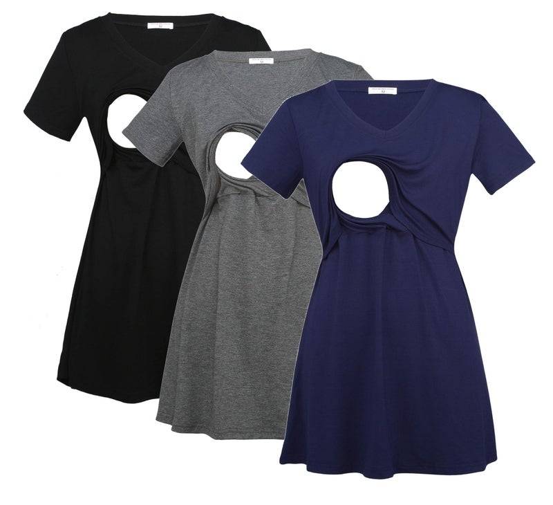 Bearsland Womens 3 Packs V Neck Nursing Tops Maternity Breastfeeding Tee Shirts,Black+Gray+Blue,L - Image 1