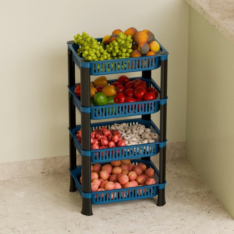 Biltoxi Multipurpose Plastic Storage Rack for Kitchen, Onion Potato Sabji, Fruit Corner Storage Stand Basket, Folding Rack, Countertop Kitchen Organizer Cart, Trolley Rack (4 Layer, Blue) - Image 1