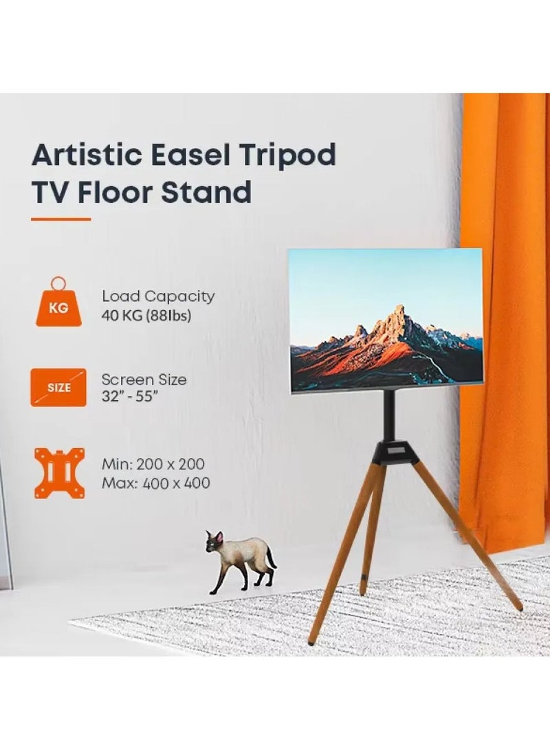 BEETEC TV Floor Stand for 32-55 Inch TVs up to 40 kg, VESA 200x200mm to 400x400mm, Minimalist Wooden Tripod TV Stand with Tilt and 360° Swivel Functionality | TF-FS105B - Image 4