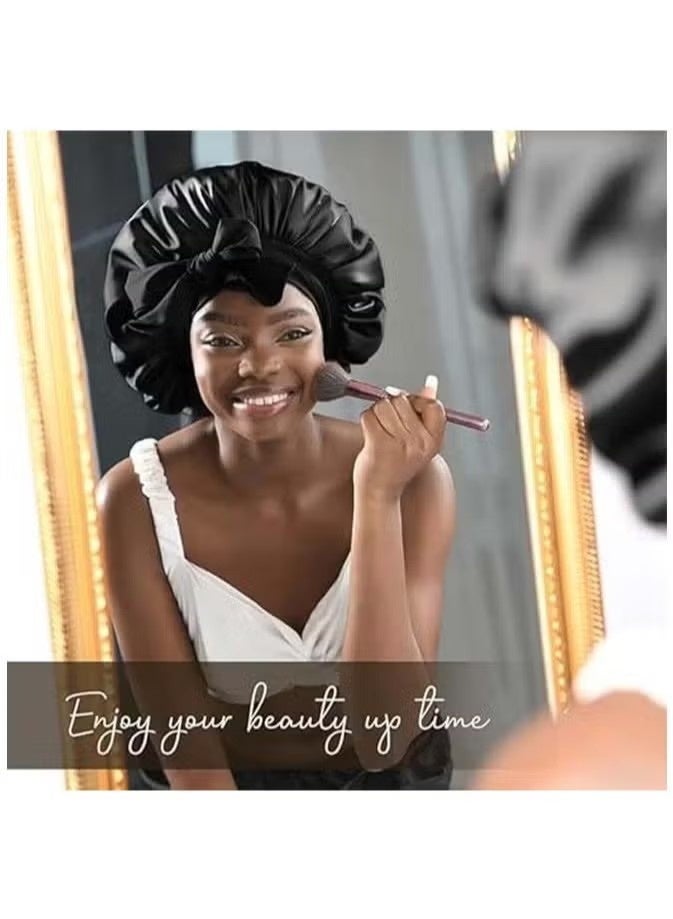 قطعتان من غطاء الرأس الحريري للنساء أثناء النوم، غطاء رأس من الساتان بطبقتين مبطنتين بالساتان مع رباط للشعر المجعد - Image 4