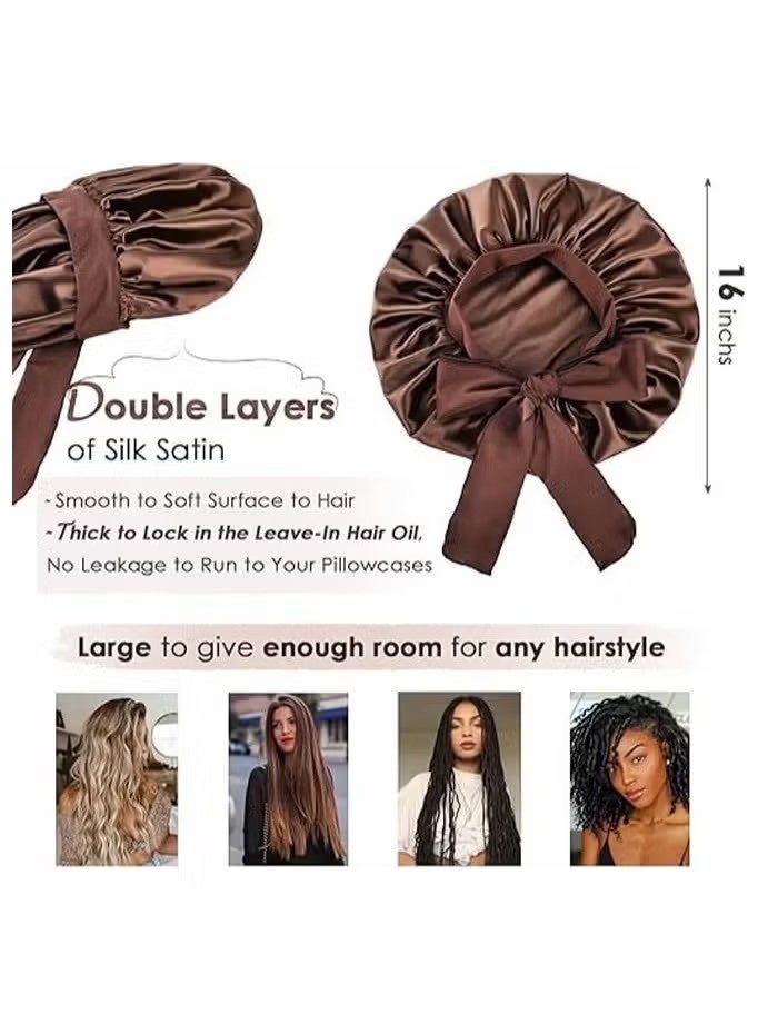 قطعتان من غطاء الرأس الحريري للنساء أثناء النوم، غطاء رأس من الساتان بطبقتين مبطنتين بالساتان مع رباط للشعر المجعد - Image 3