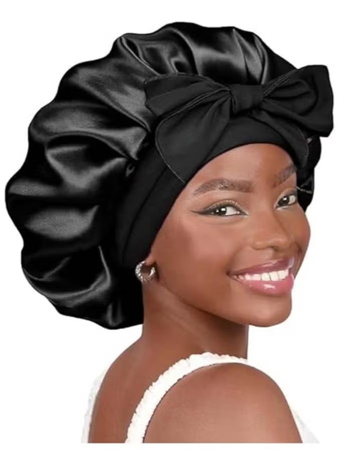 قطعتان من غطاء الرأس الحريري للنساء أثناء النوم، غطاء رأس من الساتان بطبقتين مبطنتين بالساتان مع رباط للشعر المجعد - Image 2
