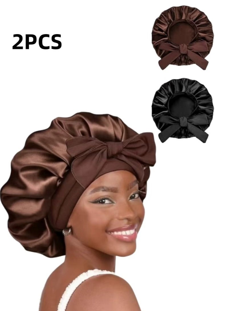 قطعتان من غطاء الرأس الحريري للنساء أثناء النوم، غطاء رأس من الساتان بطبقتين مبطنتين بالساتان مع رباط للشعر المجعد - Image 1