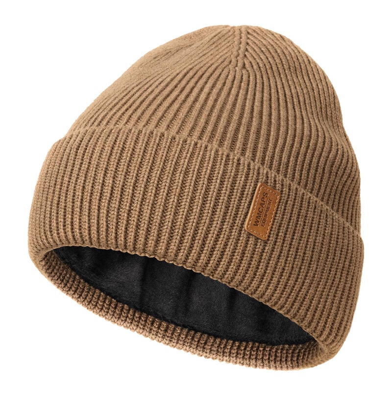 Wmcaps Merino Wool Fleece Lined Beanie Winter Hats for Men Women, Warm Thermal Kint Cap for Outdoor Brown - Image 1