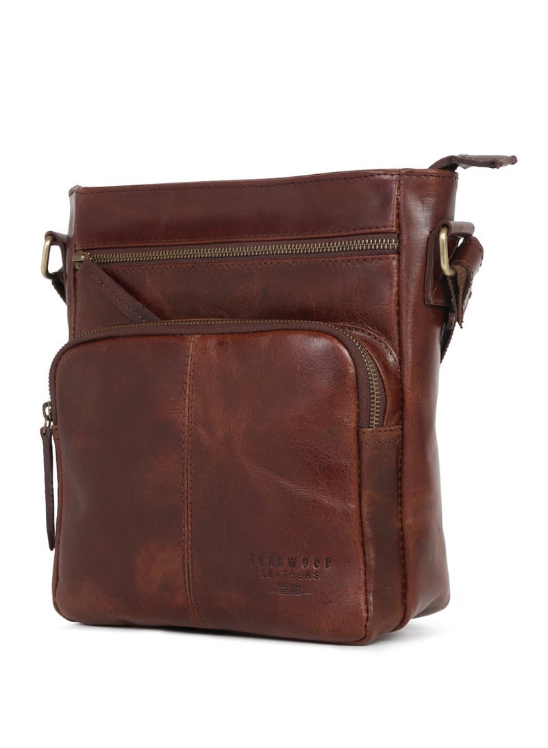 Teakwood Leathers Genuine Leather Messenger Bag for Men & Women | Vintage Brown Crossbody Sling Bag | Dual Front Zipper Pockets | Spacious Main Compartment with Internal Zipper Pocket | Rear Zip Pocket | Adjustable Shoulder Strap | Travel, Office & Everyday Carry Bag - Image 4