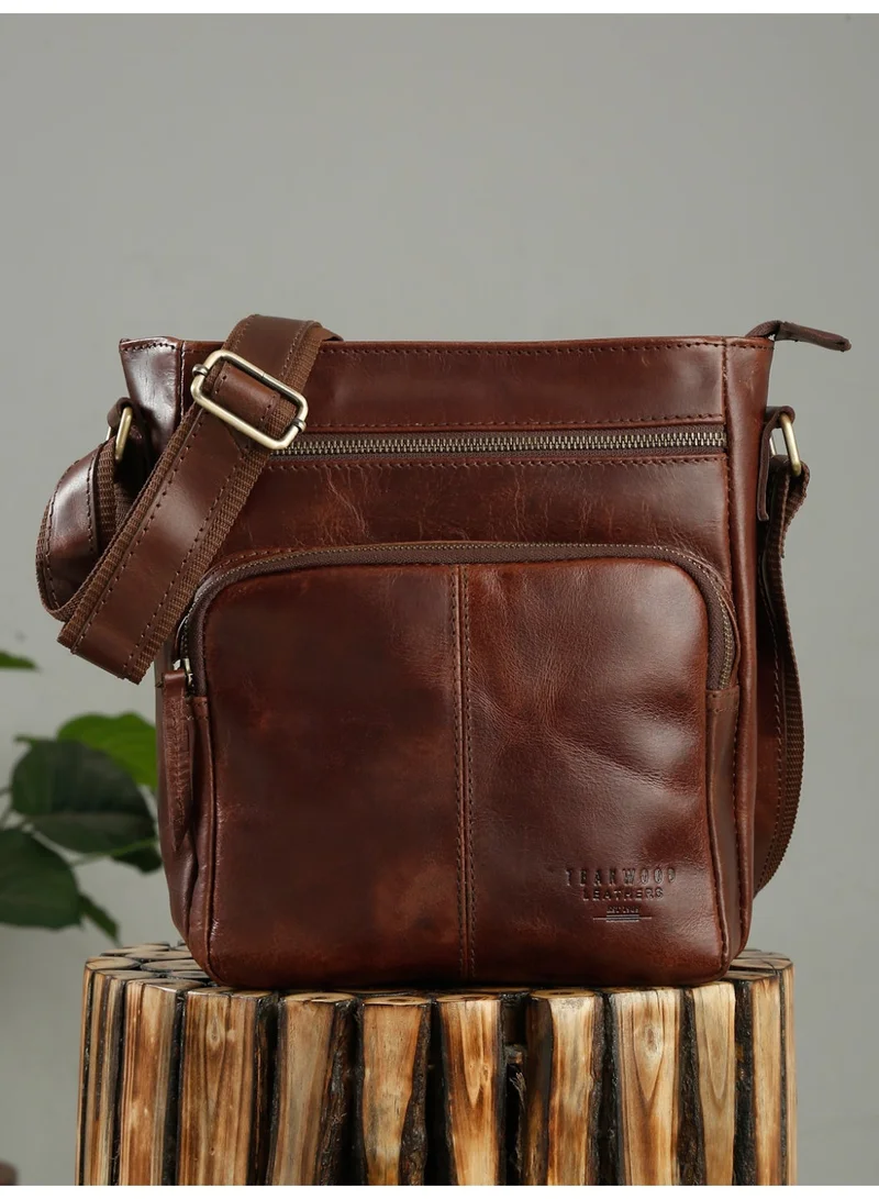 Teakwood Teakwood Leathers Genuine Leather Messenger Bag for Men & Women | Vintage Brown Crossbody Sling Bag | Dual Front Zipper Pockets | Spacious Main Compartment with Internal Zipper Pocket | Rear Zip Pocket | Adjustable Shoulder Strap | Travel, Office & Everyday Carry Bag