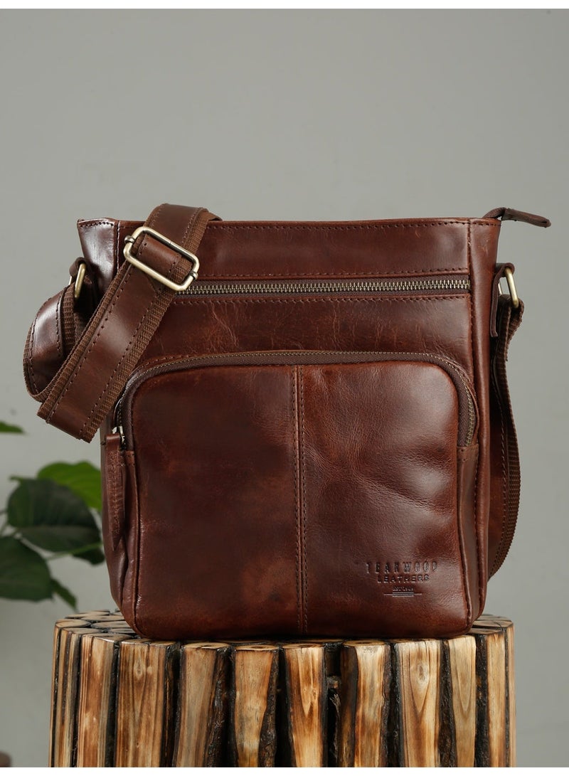 Teakwood Leathers Genuine Leather Messenger Bag for Men & Women | Vintage Brown Crossbody Sling Bag | Dual Front Zipper Pockets | Spacious Main Compartment with Internal Zipper Pocket | Rear Zip Pocket | Adjustable Shoulder Strap | Travel, Office & Everyday Carry Bag - Image 1