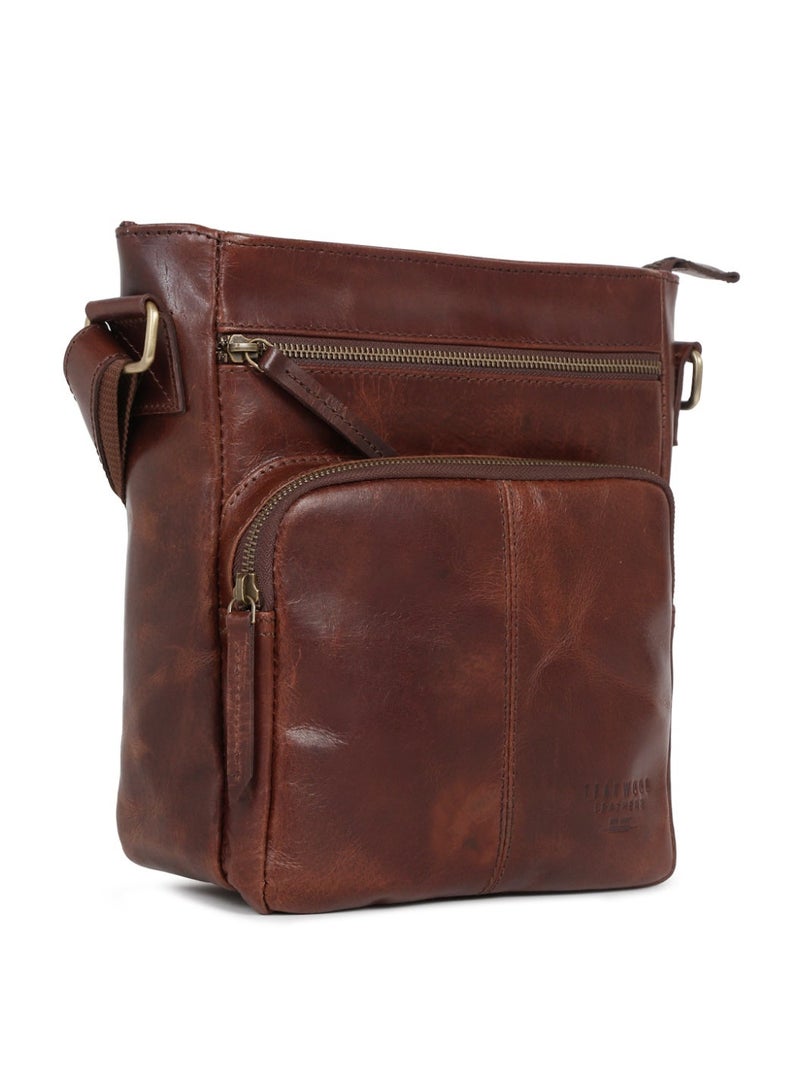 Teakwood Leathers Genuine Leather Messenger Bag for Men & Women | Vintage Brown Crossbody Sling Bag | Dual Front Zipper Pockets | Spacious Main Compartment with Internal Zipper Pocket | Rear Zip Pocket | Adjustable Shoulder Strap | Travel, Office & Everyday Carry Bag - Image 3