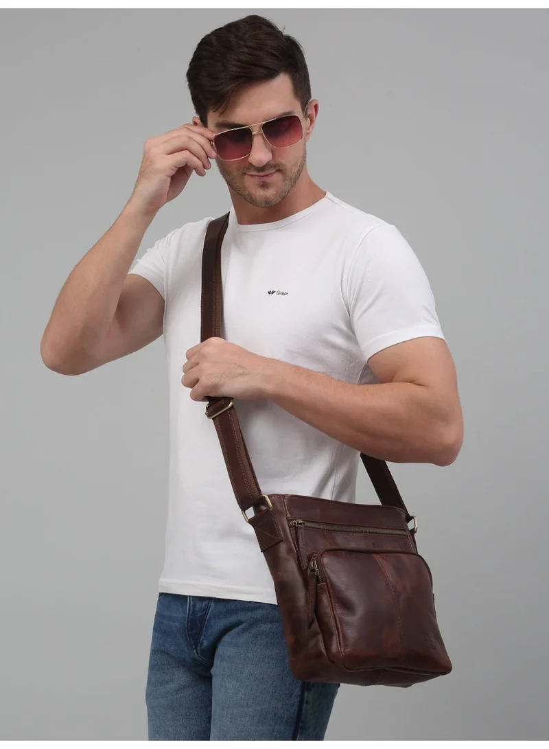 Teakwood  Teakwood Leathers Genuine Leather Messenger Bag for Men & Women | Vintage Brown Crossbody Sling Bag | Dual Front Zipper Pockets | Spacious Main Compartment with Internal Zipper Pocket | Rear Zip Pocket | Adjustable Shoulder Strap | Travel, Office & Everyday Carry Bag  | Best Price UAE