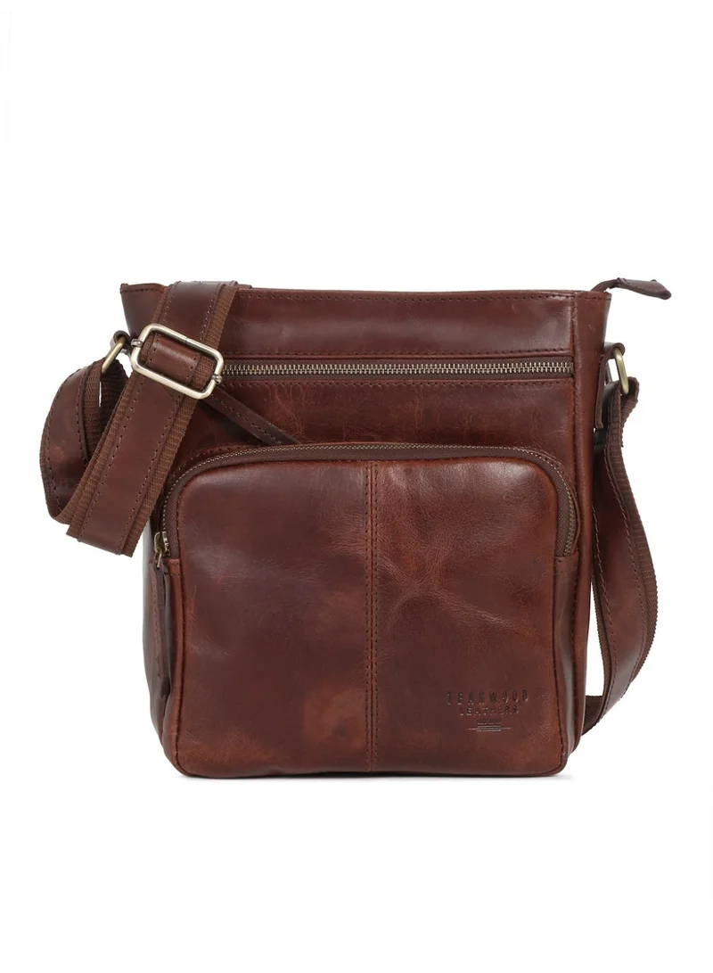 Teakwood Teakwood Leathers Genuine Leather Messenger Bag for Men & Women | Vintage Brown Crossbody Sling Bag | Dual Front Zipper Pockets | Spacious Main Compartment with Internal Zipper Pocket | Rear Zip Pocket | Adjustable Shoulder Strap | Travel, Office & Everyday Carry Bag