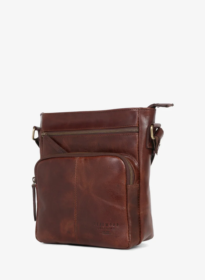 Teakwood  Teakwood Leathers Genuine Leather Messenger Bag for Men & Women | Vintage Brown Crossbody Sling Bag | Dual Front Zipper Pockets | Spacious Main Compartment with Internal Zipper Pocket | Rear Zip Pocket | Adjustable Shoulder Strap | Travel, Office & Everyday Carry Bag  | Best Price UAE