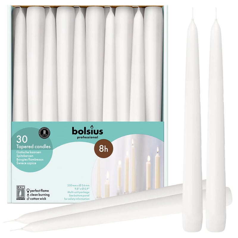 BOLSIUS Long White Taper Candles - Bulk Pack of 30 Count - 10-inch Unscented Household Candlesticks - Premium European Quality Wax - 8 Hour Long Burning Candles for Home DÃ©cor, Weddings & Parties - Image 1