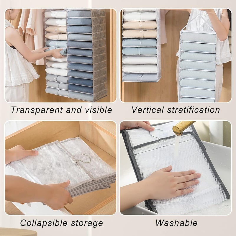 kesig kesig Hanging Wardrobe Storage White Transparent Storage Shelves Unit with Hooks Foldable Wardrobe Storage Organiser for Sweater Jeans TShirt6 Shelf Grid - Image 4