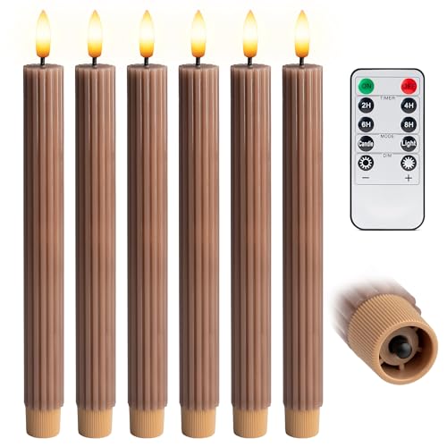 WYZworks 10 Fluted Ribbed LED Brown Tan Grooved Pillar Candles Remote 24h Timer Memory OnOff Switch Flameless Dimmable Battery Operated wFlicker Mode Home Wedding Decor 6 Pack - Image 1