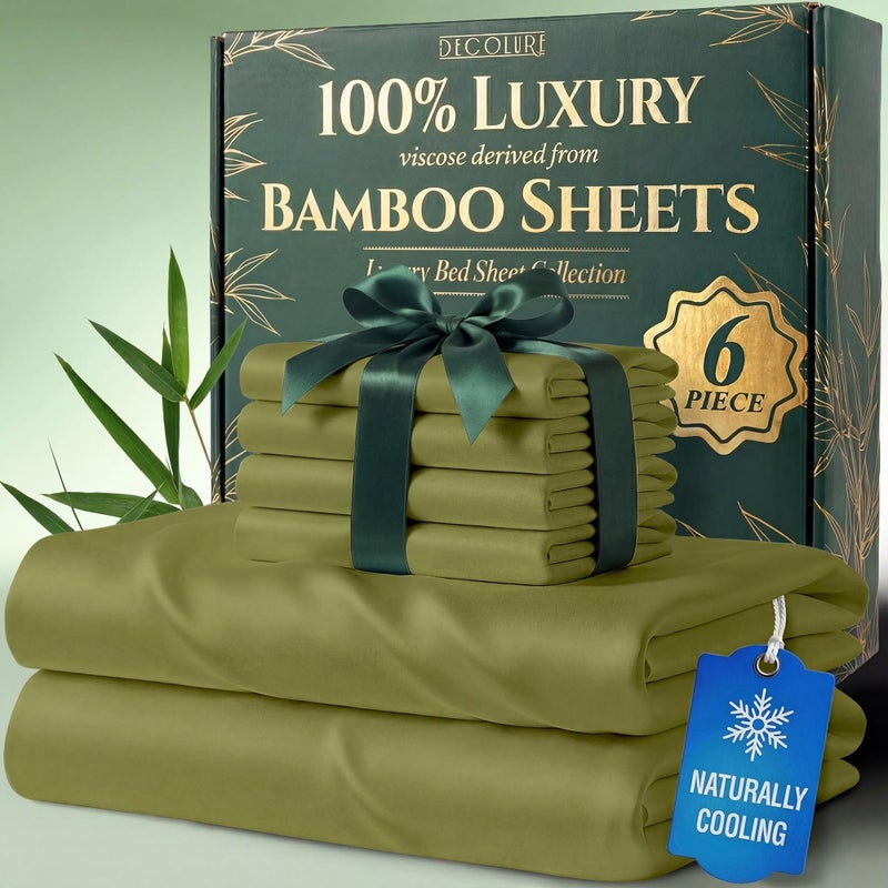 DECOLURE 100 Viscose Derived from Bamboo Sheets Queen Size Luxury 6 Pc Naturally Cooling Sheets Ultra Soft Bed Set Deep 17 Pockets Durable Double Stitching Oeko Tex Standard Light Olive - Image 2