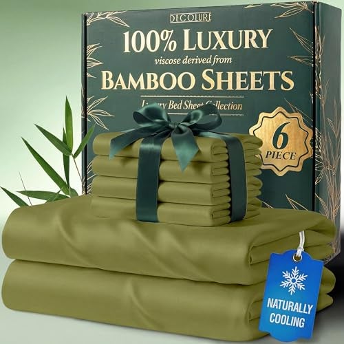 DECOLURE 100 Viscose Derived from Bamboo Sheets Queen Size Luxury 6 Pc Naturally Cooling Sheets Ultra Soft Bed Set Deep 17 Pockets Durable Double Stitching Oeko Tex Standard Light Olive - Image 1