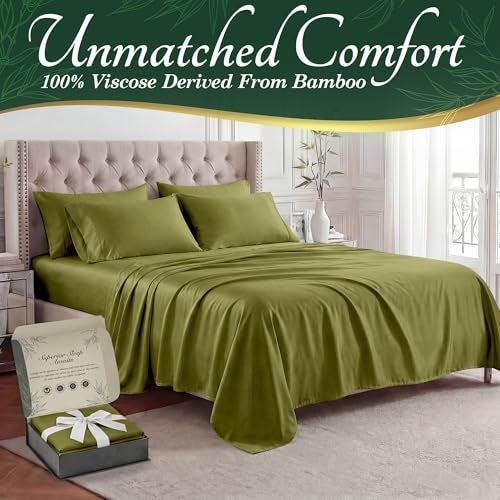DECOLURE 100 Viscose Derived from Bamboo Sheets Queen Size Luxury 6 Pc Naturally Cooling Sheets Ultra Soft Bed Set Deep 17 Pockets Durable Double Stitching Oeko Tex Standard Light Olive - Image 3
