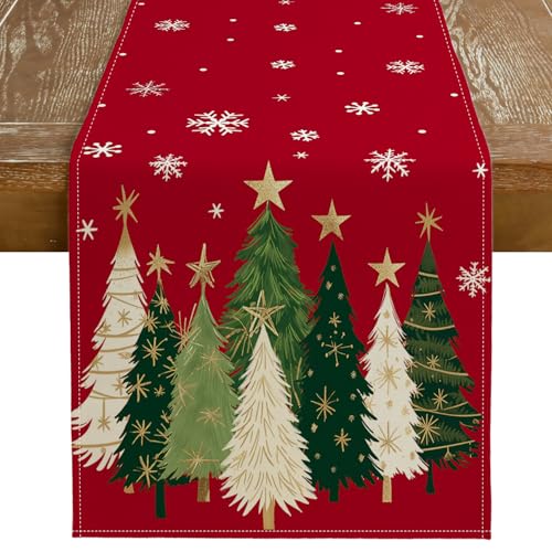 GEEORY Christmas Table Runner 13x72 Inch Xmas Trees Snowflakes Winter Holiday Decorative Farmhouse Table Decorations for Kitchen Dinning Indoor Outdoor Dinner Party Decor Red GT15072