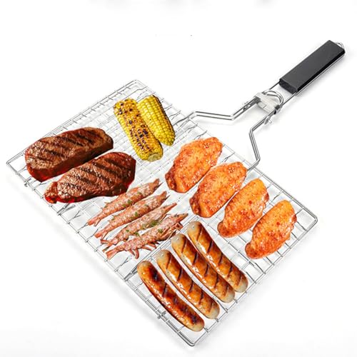 Kowiofame Fish Grill Basket BBQ Grilling Rack Kabob Veggies Shrimp Stainless Steel Cage Holder with Cleaning and Oil Brushes Oven Gloves - Image 5