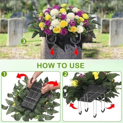 Wocst Cemetery Flowers for Grave,Headstone Flower Saddle 2sets Artificial 24 Heads Large Chrysanthemums Rose Daisy Bouquets with Cemetery Vases for Outdoor Grave Decorations (Purple Yellow, Large) - Image 5