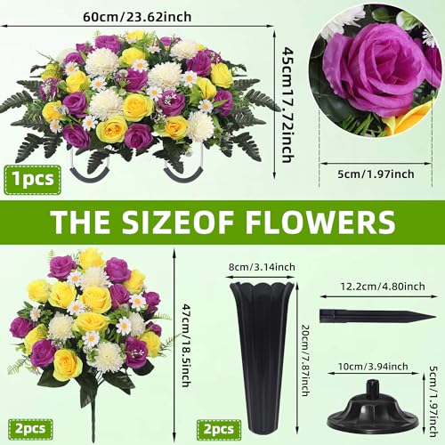 Wocst Cemetery Flowers for Grave,Headstone Flower Saddle 2sets Artificial 24 Heads Large Chrysanthemums Rose Daisy Bouquets with Cemetery Vases for Outdoor Grave Decorations (Purple Yellow, Large) - Image 3