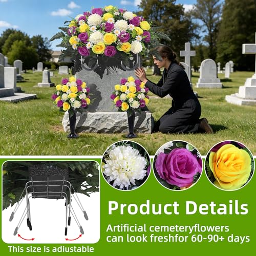 Wocst Cemetery Flowers for Grave,Headstone Flower Saddle 2sets Artificial 24 Heads Large Chrysanthemums Rose Daisy Bouquets with Cemetery Vases for Outdoor Grave Decorations (Purple Yellow, Large) - Image 4