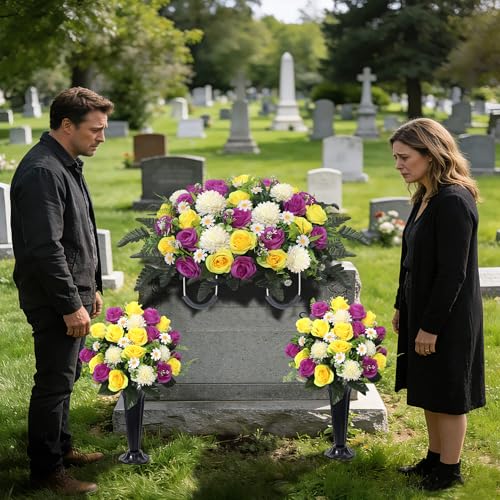 Wocst Cemetery Flowers for Grave,Headstone Flower Saddle 2sets Artificial 24 Heads Large Chrysanthemums Rose Daisy Bouquets with Cemetery Vases for Outdoor Grave Decorations (Purple Yellow, Large) - Image 2